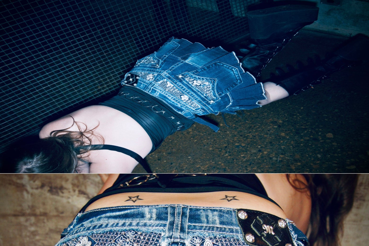 Denim skirt with embellishments and tattoos on a person against a dark background